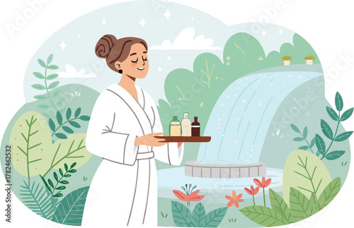 Beauty salon and spa doodle set. Skin care and natural treatment, natural cosmetics concept, time for yourself. Spa with aroma oil, nail file, sleep mask and other care items.	