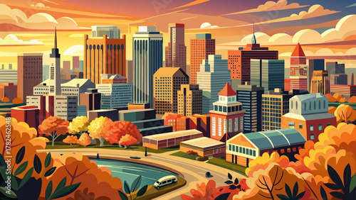 Very beautiful aerial view of downtown Baltimore, Maryland, USA at autumn sunrise, featuring warm golden light over city skyscrapers, colorful fall trees, and a realistic vibrant urban skyline.