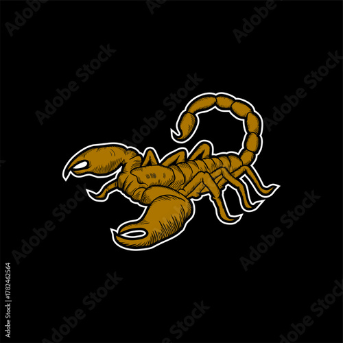 scorpion vector illustration logo silhouette in hand drawn line art on black background