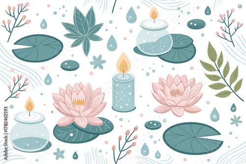 Beauty salon and spa doodle set. Skin care and natural treatment, natural cosmetics concept, time for yourself. Spa with aroma oil, nail file, sleep mask and other care items.	