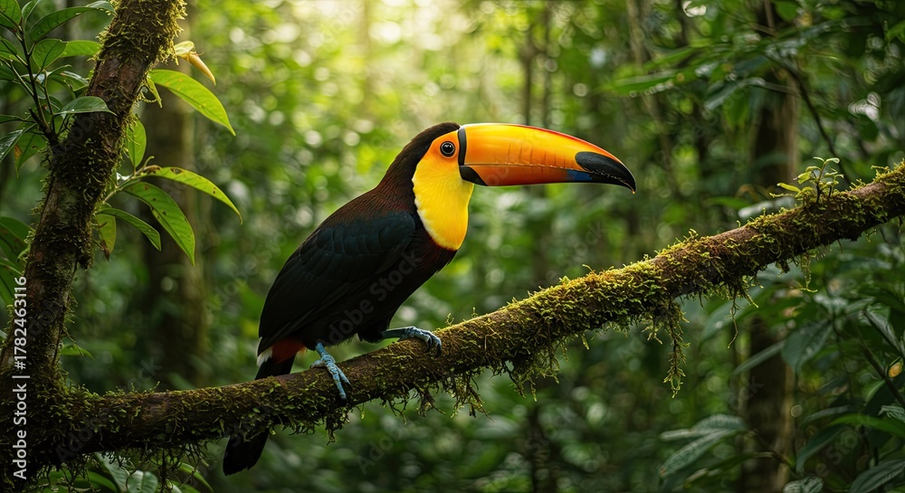 Naklejka premium Colorful Toucan Perched on a Mossy Branch in the Lush Rainforest Canopy Serene scene