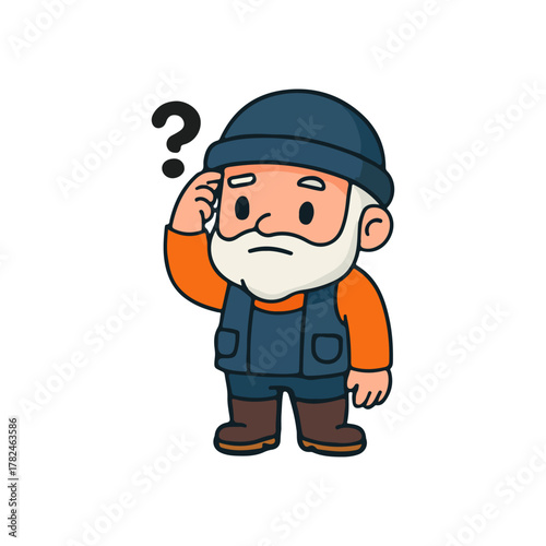 Cute old fisherman confused cartoon illustration. Elderly sailor scratching head with question mark mascot design.
