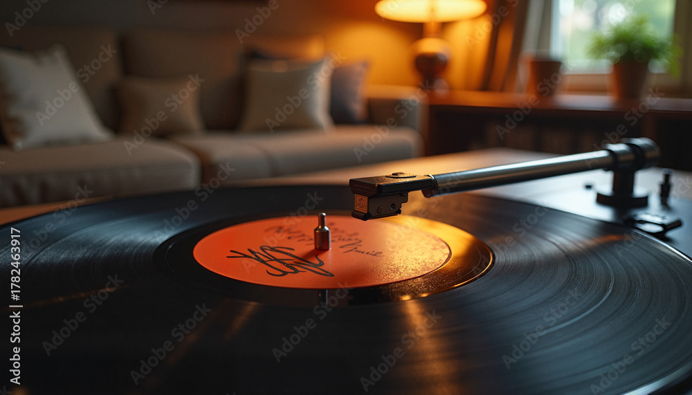 Obraz premium Vintage vinyl record spinning on turntable in cozy living room