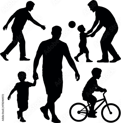 Silhouettes of fathers and sons engaged in various leisure activities together.
