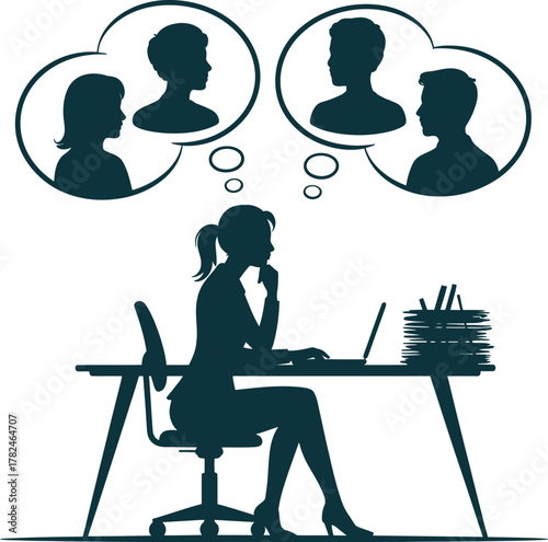 A businesswoman sits at her desk contemplating relationships with other people.