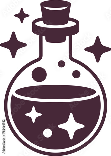 A circular flask containing a dark liquid with sparkles, representing a potion.