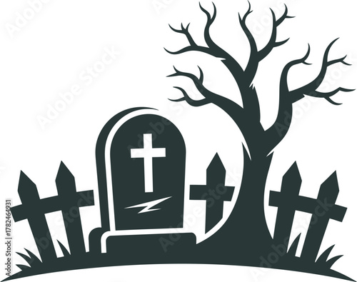 A spooky graveyard scene with a tombstone and a bare tree under a white background.