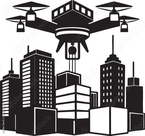 Futuristic drone delivering packages between skyscrapers silhouette design