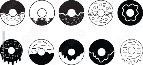 Donut Silhouette Vector Set Black and White Vector Collection.