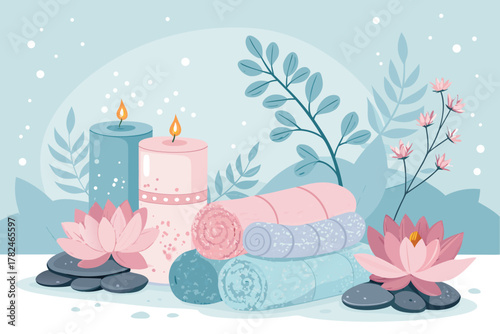 Spa center service flat vector illustrations set. Beauty salon visitors and workers cartoon characters. Wellness center procedures and equipment pack. Hot stone massage, foot bath and facial masks.