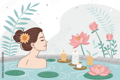 Spa center service flat vector illustrations set. Beauty salon visitors and workers cartoon characters. Wellness center procedures and equipment pack. Hot stone massage, foot bath and facial masks.