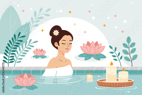 Spa center service flat vector illustrations set. Beauty salon visitors and workers cartoon characters. Wellness center procedures and equipment pack. Hot stone massage, foot bath and facial masks.
