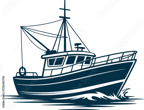 A blue fishing boat navigates through choppy waters on a clear day.