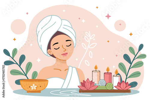 Spa center service flat vector illustrations set. Beauty salon visitors and workers cartoon characters. Wellness center procedures and equipment pack. Hot stone massage, foot bath and facial masks.