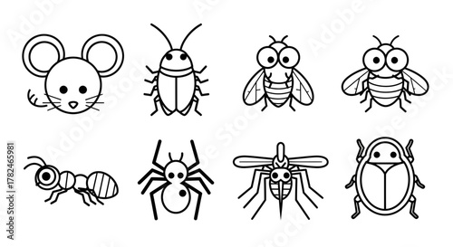 Delightful array of line art insects and a mouse head arranged in a simple pattern