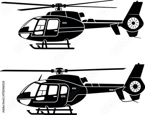 Two black silhouettes of helicopters are shown side by side against a white background.