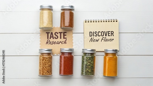 Fototapeta Naklejka Na Ścianę i Meble -  A flatlay of spice jars aligned in a gradient color pattern