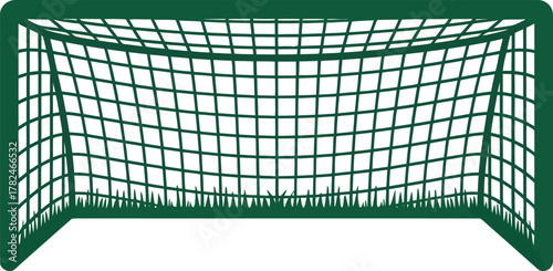 A green soccer goal with a net and grass is ready for a game.