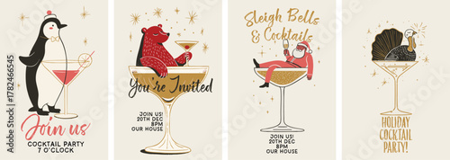Festive Christmas cocktail party poster set with holiday characters and vintage drink illustrations