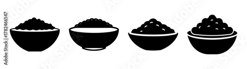 Four black silhouette icons of bowls filled with caviar