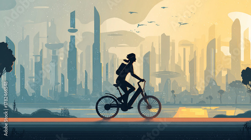 A cyclist commuting through a futuristic smart eco-city on an electric bicycle, morning sunrise atmosphere.
