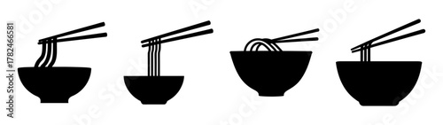 Four black silhouette icons of bowls with noodles and chopsticks