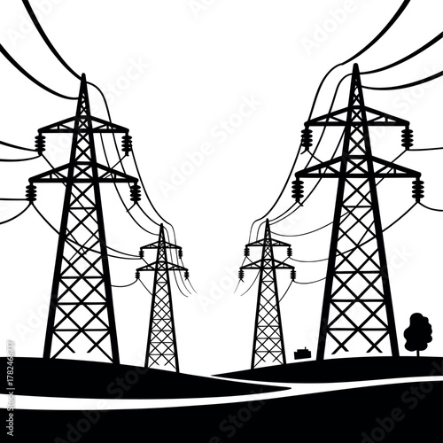 Electricity pylons stand tall against a stark sky, symbolizing industrial power and connectivity.