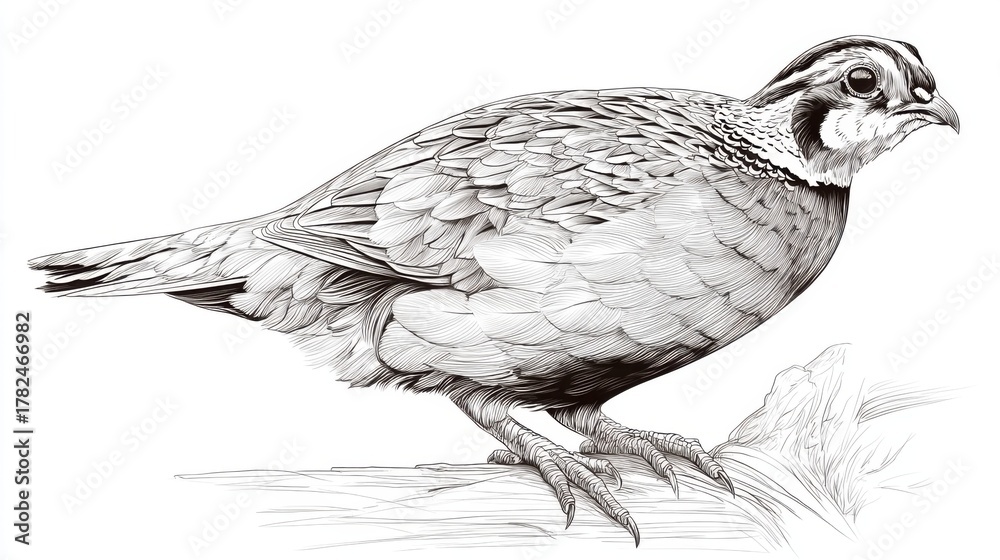 Fototapeta premium Detailed Line Art Illustration of a Quail on a Branch