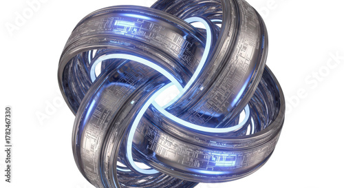 Abstract futuristic metallic torus knot sculpture with glowing blue energy lines and intricate details isolated on white background