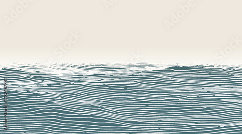 A serene ocean landscape presents teal blue waves with light cream lines under a pastel beige sky, capturing a minimalist aesthetic in a fluid and undulating composition