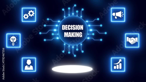 Decision Making Concept with Icons and Circuit Board Design on Dark Blue Background Keywords: decision making, decision, making, choices, judgment, conclusion, resolution, determination