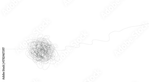 A single grey line forms a tangled knot on a stark white background, then unravels into a serene, winding path conveying a journey from complexity to simplicity
