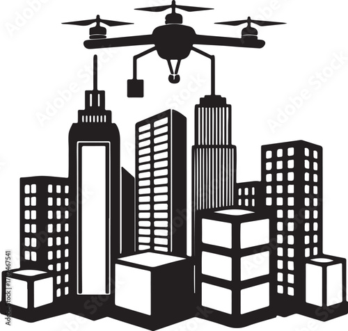 Futuristic drone delivering packages between skyscrapers silhouette design