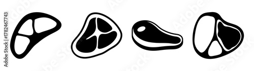 Collection of four black and white stylized icons representing different cuts of meat, isolated on a