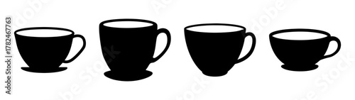 Four black coffee cups and saucers in a row