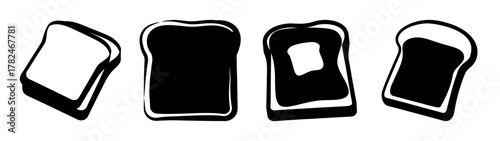 A collection of four black and white illustrations of toast slices, some plain, one with butter, and one with jam, presented against a clean, perfect for foodrelated designs and concepts