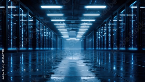 A futuristic data center corridor illuminated by blue lights, showcasing rows of servers and a reflective floor.