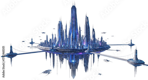 Futuristic crystalline ice castle or alien city with glowing blue lights and intricate spires isolated on white background