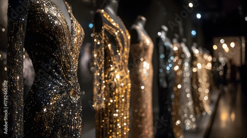 Row of shimmering sequined evening gowns displayed on mannequins in a dimly lit setting