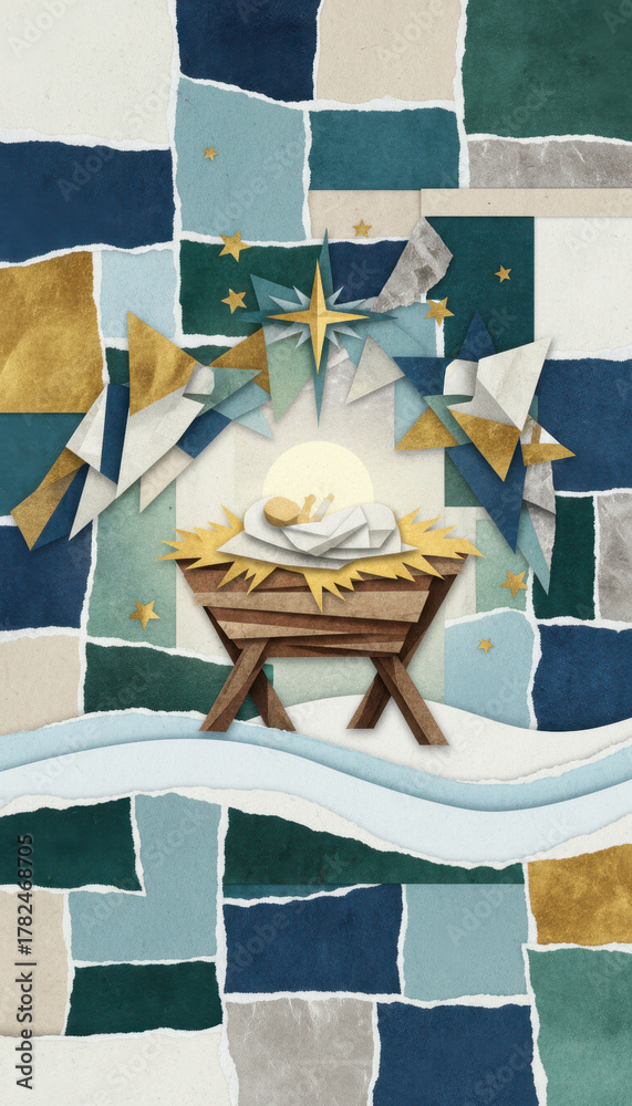 Fototapeta premium Nativity scene with baby Jesus in a manger, created with a torn paper collage. Artistic and modern Christmas illustration with angels and the Star of Bethlehem.