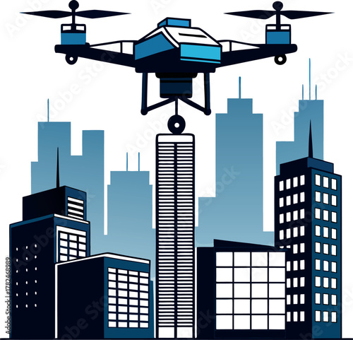 Futuristic drone delivering packages between skyscrapers silhouette design