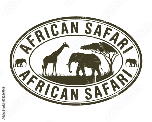 African safari emblem with giraffe elephant and acacia tree
