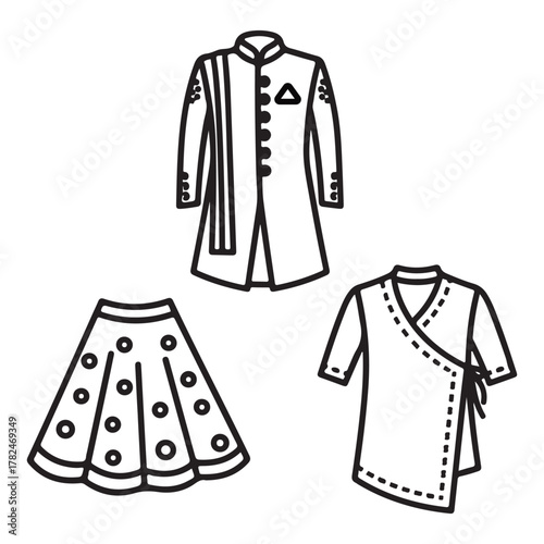 Line Art Icons of Traditional Indian Clothing Outfits vector illustration