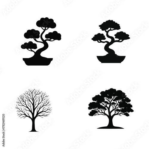 tree icon set. set of tree icon set. Four stylized tree silhouettes including two bonsai trees and two full trees