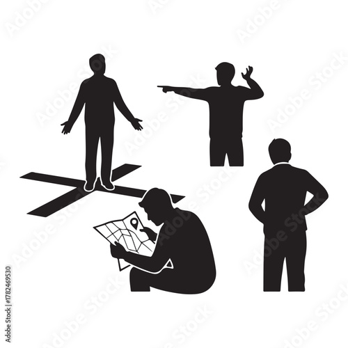 Silhouette Figures Showing Confusion Direction and Navigation person confused