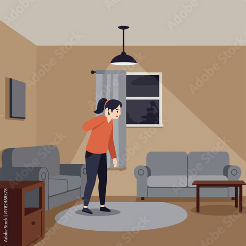 Anxious woman in home looks out a window. Room has a lamp, sofas, and table. Night scene