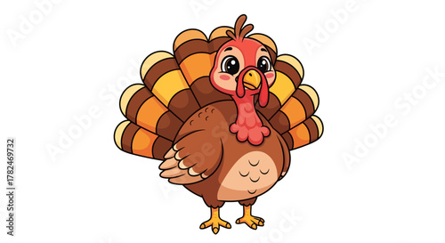 Cartoon turkey with vibrant plumage and expressive eyes, isolated on white background design
