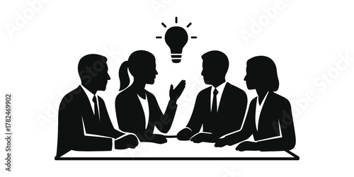 Diverse business team icon. Diverse business team collaborating around a table with a bright idea lightbulb above them