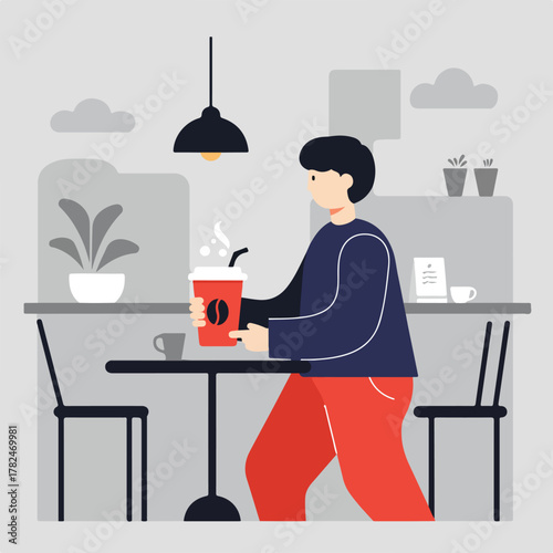 An illustration depicting a person in a coffee shop holding a coffee cup, simplistic