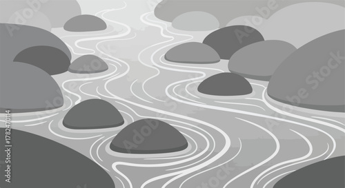 Grey monochrome illustration of a river flowing around stones